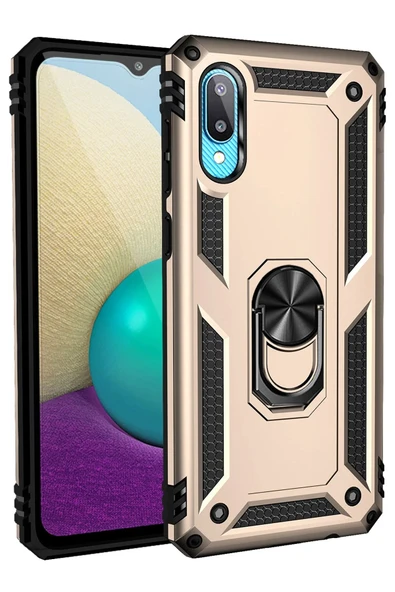 Samsung Galaxy A02 Kılıf Sofya Yüzüklü Silikon Kapak - Gold - 1