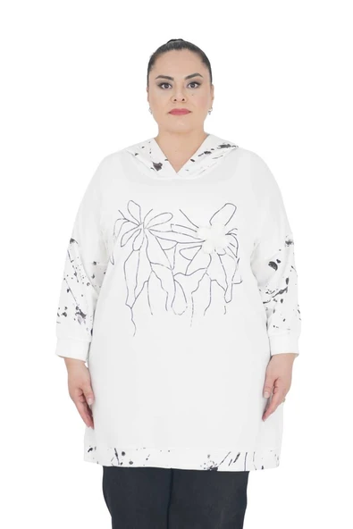 Kadın Büyük Beden Kapüşonlu Çiçek Motifli Uzun Kollu Tunik - 6