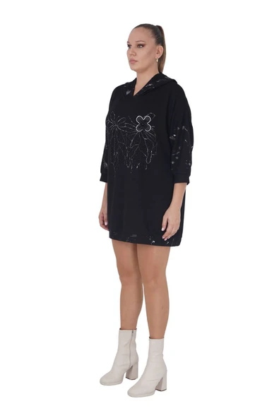 Kadın Büyük Beden Kapüşonlu Çiçek Motifli Uzun Kollu Tunik - 2