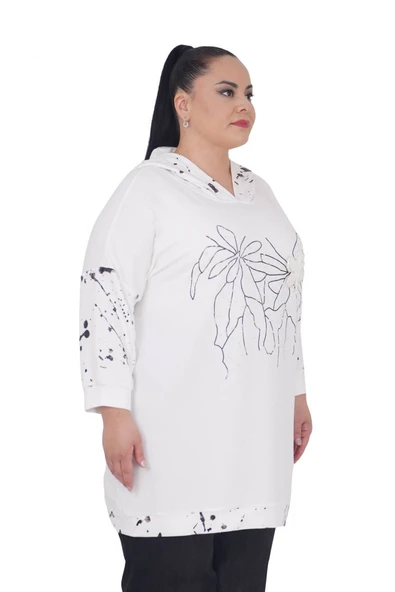 Kadın Büyük Beden Kapüşonlu Çiçek Motifli Uzun Kollu Tunik - 7
