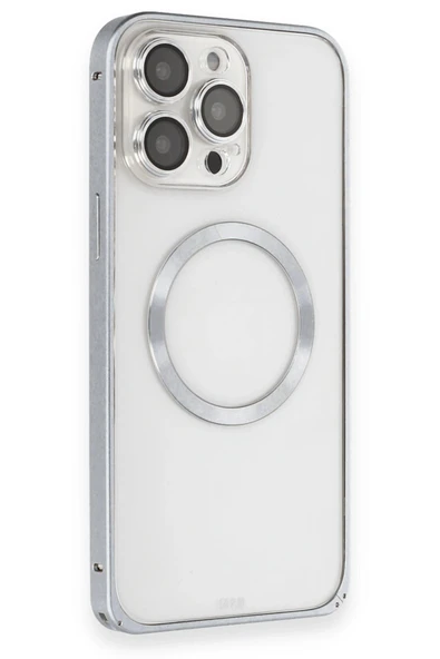 iPhone 15 Pro Max Kılıf Metal Bumper Magneticsafe Kapak - Gri - 1