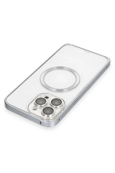 iPhone 15 Pro Max Kılıf Metal Bumper Magneticsafe Kapak - Gri - 4