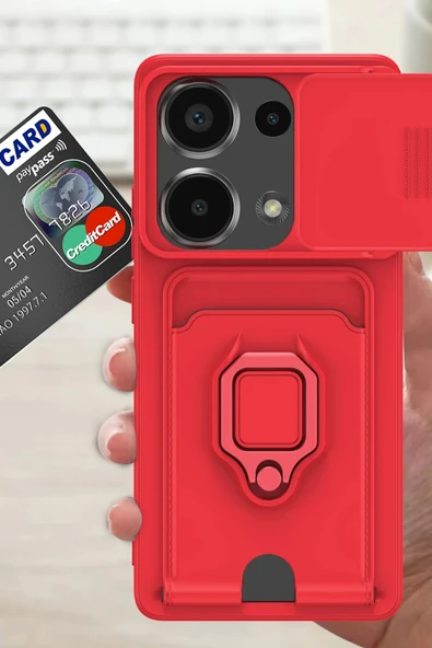 Xiaomi Redmi Note 13 Pro 4G Kılıf Zuma Kartvizitli Yüzüklü Silikon - Kırmızı - 3