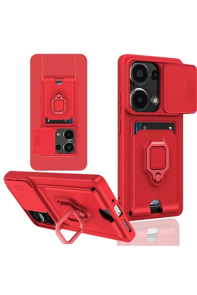 Xiaomi Redmi Note 13 Pro 4G Kılıf Zuma Kartvizitli Yüzüklü Silikon - Kırmızı - 1