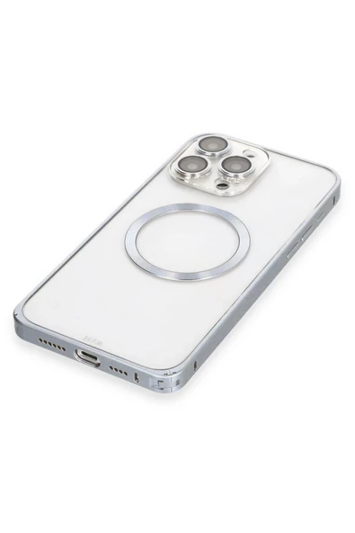iPhone 15 Pro Max Kılıf Metal Bumper Magneticsafe Kapak - Gri - 5