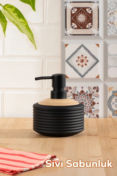 Porsima 3152 Banyo ve Mutfak Sıvı Sabunluk 350ML Siyah-Ahşap