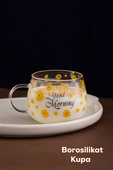 Porsima 2089 Borosilikat Isıya Ateşe Dayanıklı Cam Kulplu Çay Bardağı Kahve Bardak Kupa Sarı 400 ml ürün görseli 1