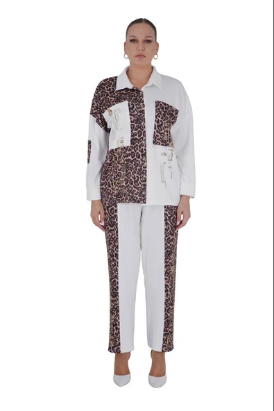 Kadın Büyük Beden Beyaz Leopar Detaylı İkili Gömlek Takım