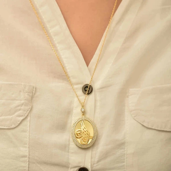 Supertrend Gümüş Gold Tuğralı Oval Bayan Kolye - Resim 2