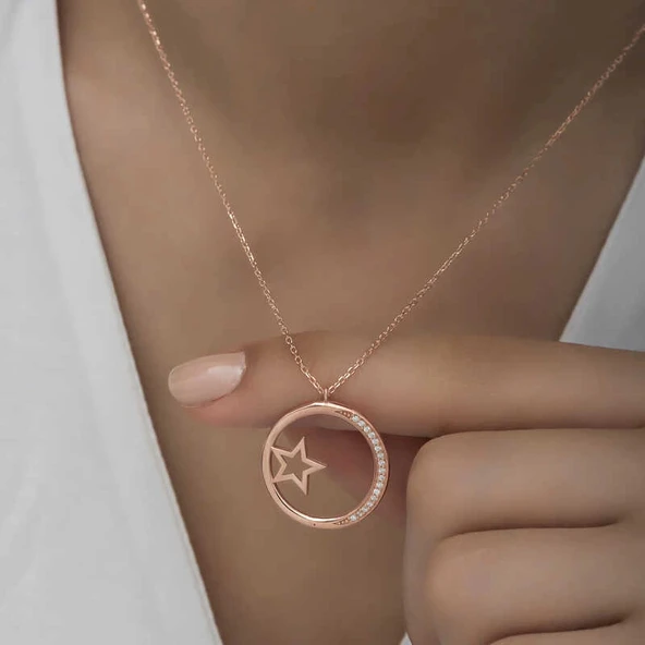 Supertrend Gümüş Rose Yıldız Detaylı Halka Kadın Kolye - Resim 5