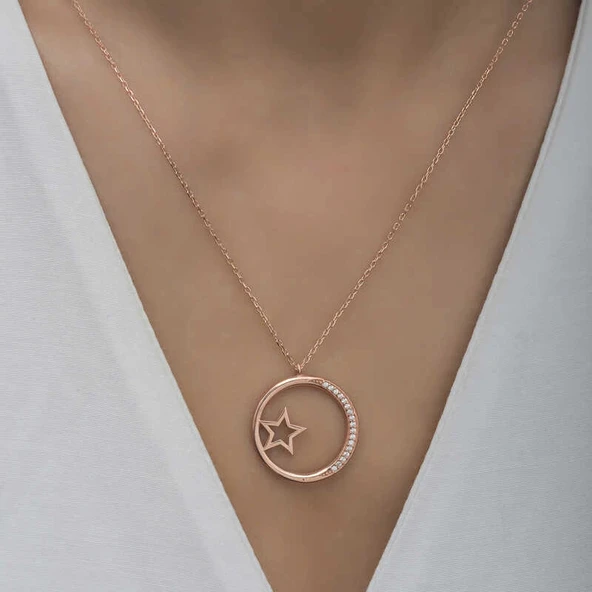 Supertrend Gümüş Rose Yıldız Detaylı Halka Kadın Kolye - Resim 3
