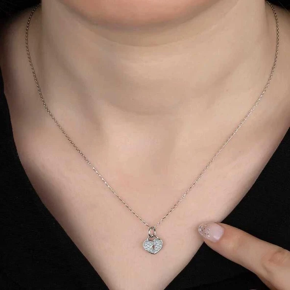 Supertrend Swa Taşlı Gümüş Kalp Kiliti Bayan Kolye - Resim 2