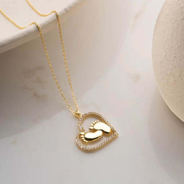 Vaoov 925 Ayar Gümüş Kalpli Bebek Ayağı Kolye - Resim 3