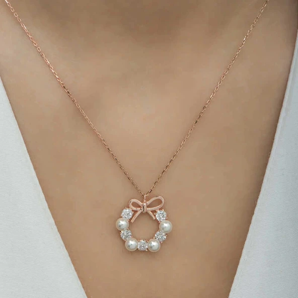 Supertrend Gümüş Rose İnci Kurdele Kadın Kolye - Resim 4