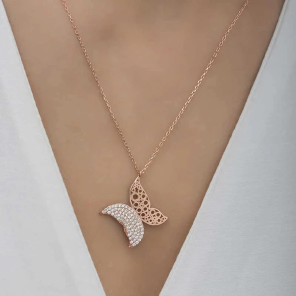 Supertrend Gümüş Rose Kelebek Kadın Kolye - Resim 5