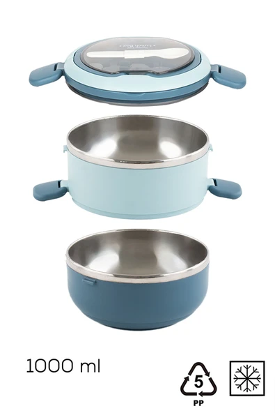Porsima 66732 Stainless Steel Vakumlu Lunch Box İki Katlı Paslanmaz Çelik Kolay Kilitlenir Kendinden Kaşıklı Sefer Tası – 1000ml Mavi - Resim 5