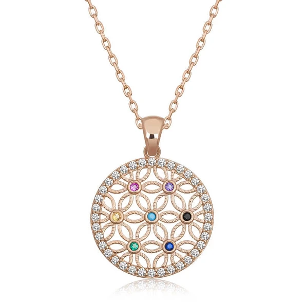 Supertrend Gümüş Rose Renkli Taşlı Yaşam Çiçeği Kadın Kolye ürün görseli