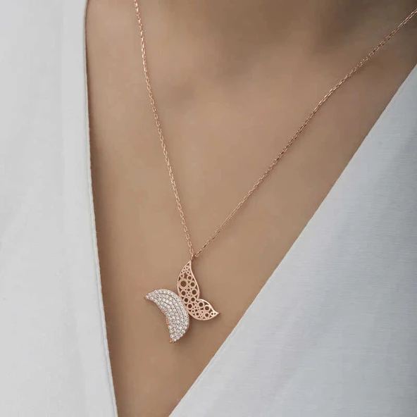 Supertrend Gümüş Rose Kelebek Kadın Kolye - Resim 4