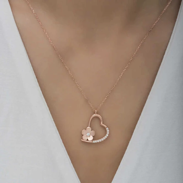Supertrend Gümüş Rose Çiçekli Kalp Kadın Kolye - Resim 5