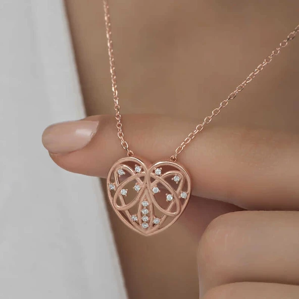 Supertrend Gümüş Rose Bombeli Kalp Kadın Kolye - Resim 5