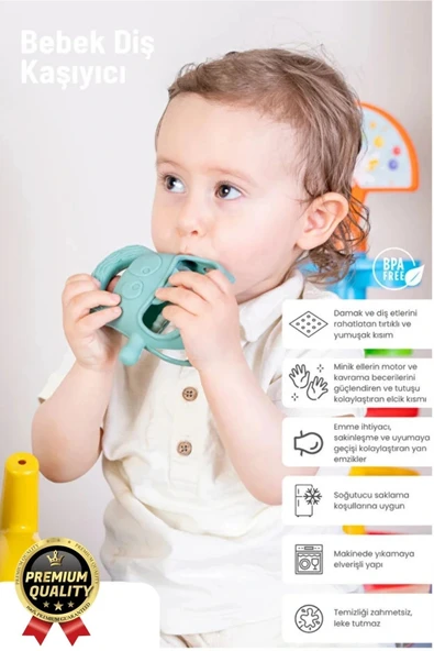 Eğlenceli Yumuşak Esnek Bpa İçermeyen Diş Çıkarma Dönemi Kaşıma Silikon Yeşil Bebek Diş Kaşıyıcı - 2