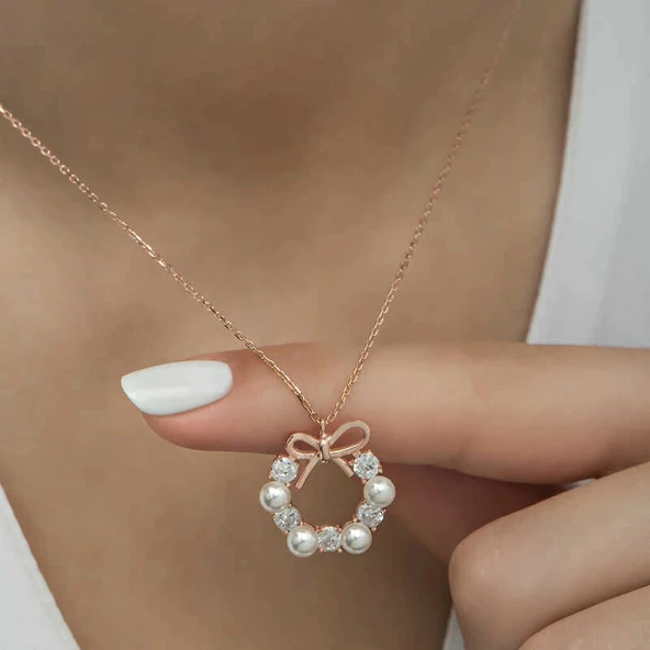 Supertrend Gümüş Rose İnci Kurdele Kadın Kolye - Resim 5
