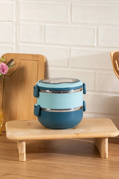 Porsima 66732 Stainless Steel Vakumlu Lunch Box İki Katlı Paslanmaz Çelik Kolay Kilitlenir Kendinden Kaşıklı Sefer Tası – 1000ml Mavi - Resim 3