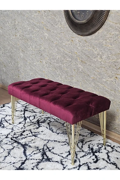 Gold Tel Ayaklı 90 cm Puf Bench - Puf - Bench - Kasalı Oturak - Oturak - Yatak Ucu Puf Bordo Renk 90 x 40 Boyut/Ebat - 4