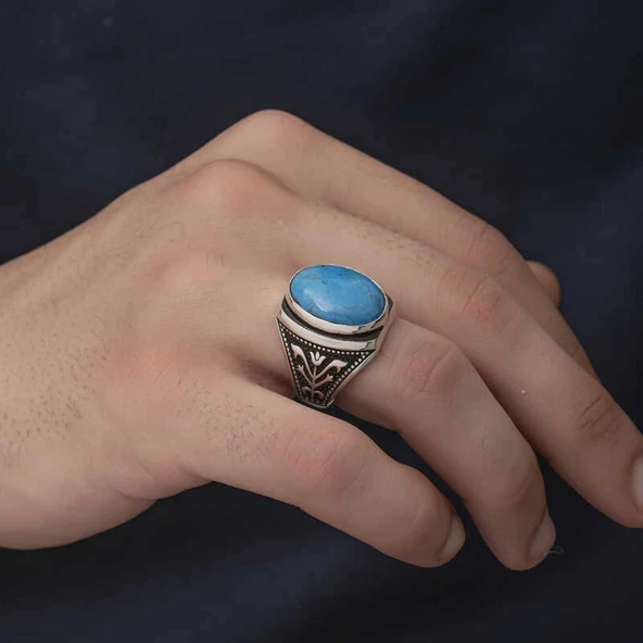 Supertrend Gümüş Zirkon Turkuaz Taşlı Oval Erkek Yüzük - Resim 2