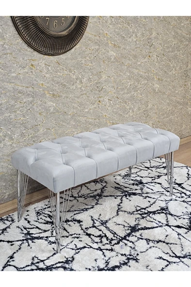 Krom Tel Ayaklı 90 cm Puf Bench - Puf - Bench - Kasalı Oturak - Oturak - Yatak Ucu Puf Gri Renk 90 x 40 Boyut/Ebat