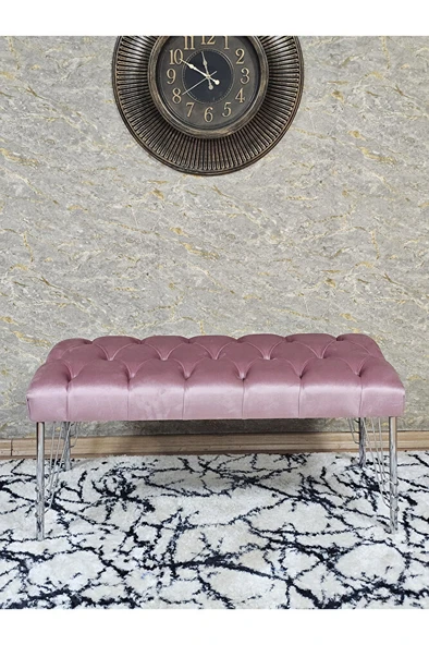 Krom Tel Ayaklı 90 cm Puf Bench - Puf - Bench - Kasalı Oturak - Oturak - Yatak Ucu Puf Pembe Renk 90 x 40 Boyut/Ebat - Resim 2