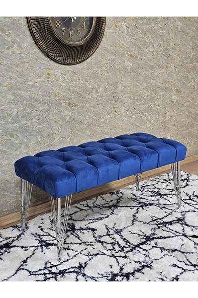 Krom Tel Ayaklı 90 cm Puf Bench - Puf - Bench - Kasalı Oturak - Oturak - Yatak Ucu Puf Mavi Renk 90 x 40 Boyut/Ebat ürün görseli 1