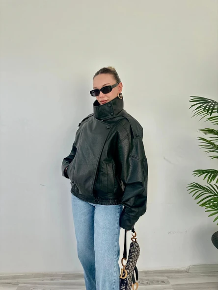 Kadın Dik Yakalı Bomber Deri Ceket Siyah - 6