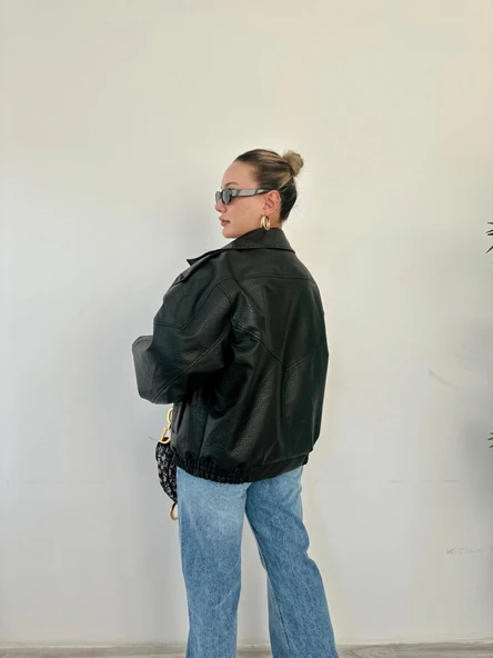 Kadın Dik Yakalı Bomber Deri Ceket Siyah - 5