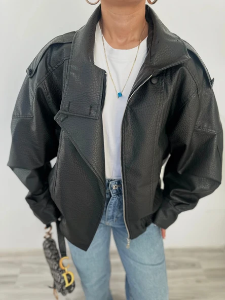 Kadın Dik Yakalı Bomber Deri Ceket Siyah - 2
