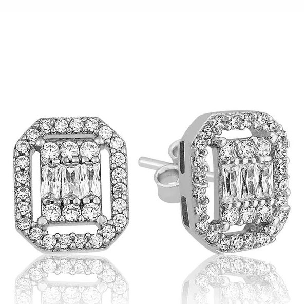 Supertrend Gümüş Beyaz Baget Taşlı Çivili Kadın Küpe ürün görseli