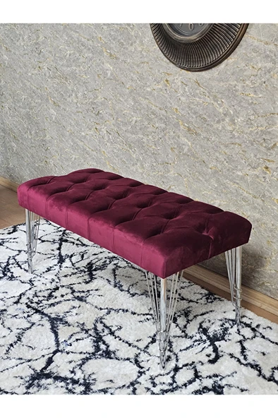 Krom Tel Ayaklı 90 cm Puf Bench - Puf - Bench - Kasalı Oturak - Oturak - Yatak Ucu Puf Bordo Renk 90 x 40 Boyut/Ebat - 4