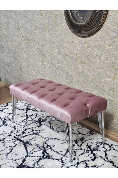Krom Tel Ayaklı 90 cm Puf Bench - Puf - Bench - Kasalı Oturak - Oturak - Yatak Ucu Puf Pembe Renk 90 x 40 Boyut/Ebat - Resim 4