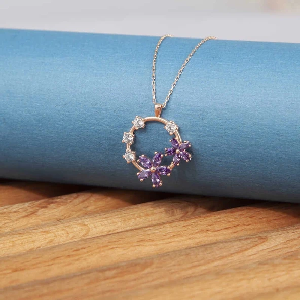 Supertrend Gümüş Rose Mor Çiçek Kadın Kolye ürün görseli