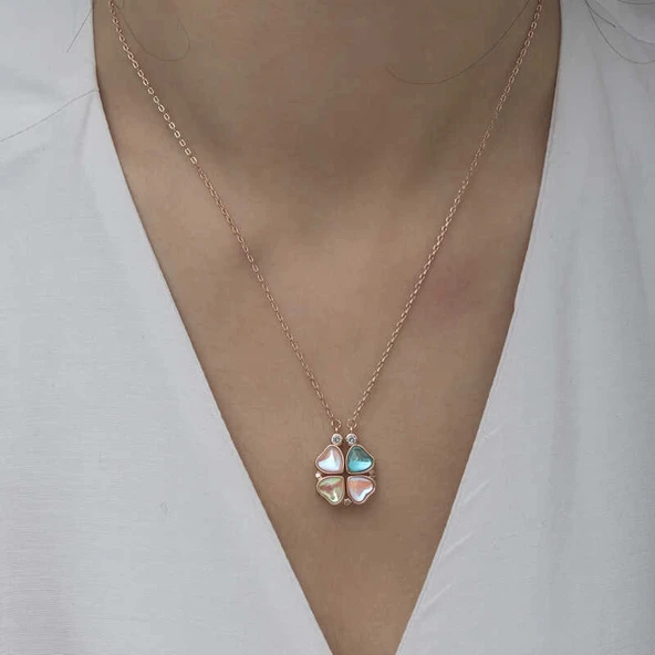 Supertrend Gümüş Rose Renkli Açılabilen Yonca Kadın Kolye - Resim 4