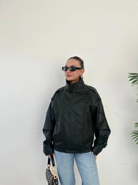 Kadın Dik Yakalı Bomber Deri Ceket Siyah - 4