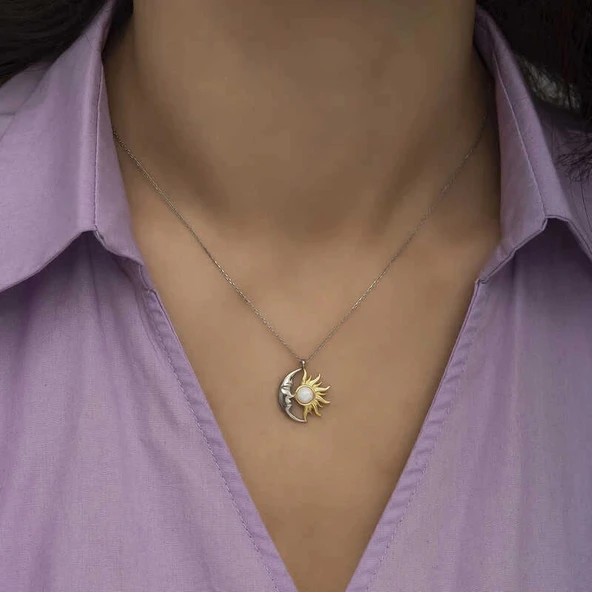 Supertrend Gümüş Opal Beyaz Taşlı Ay Güneş Kadın Kolye - Resim 2