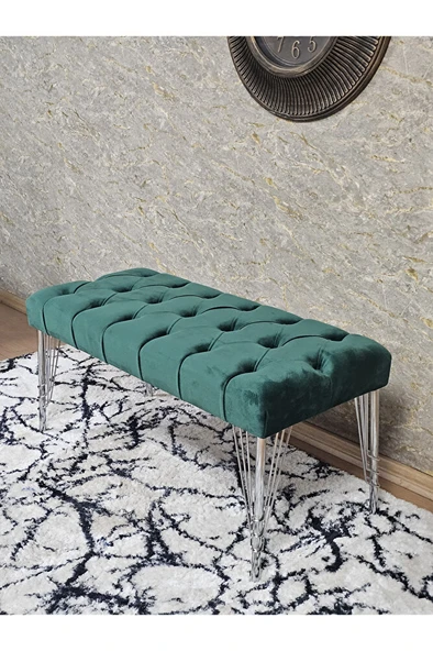 Krom Tel Ayaklı 90 cm Puf Bench - Puf - Bench - Kasalı Oturak - Oturak - Yatak Ucu Puf Yeşil Renk 90 x 40 Boyut/Ebat - Resim 4