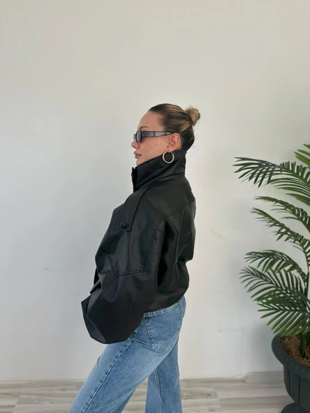 Kadın Dik Yakalı Bomber Deri Ceket Siyah - 3