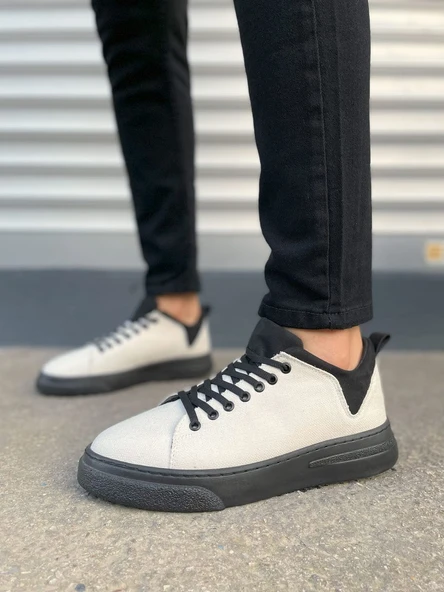 JY204 Flex Bağcıklı Keten Kumaş Erkek Günlük Sneaker Ayakkabı KST - Beyaz/Siyah - Resim 2