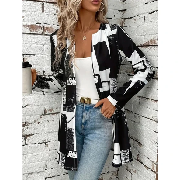Lucky Life Kadın Uzun Kollu önü Açık Desenli Modal Kısa Ceket