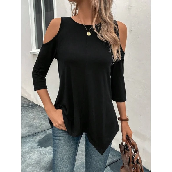 Lucky Life Kadın Omuzlardan Açık Sıfır Yaka Asimetrik Kesim Detay Viskon Bluz