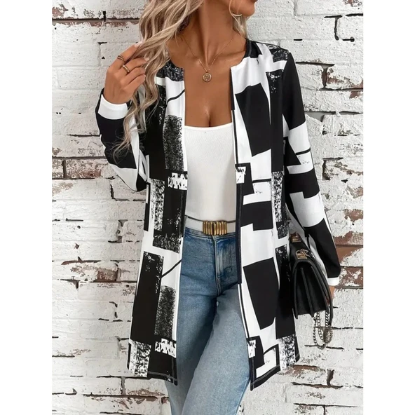Lucky Life Kadın Uzun Kollu önü Açık Desenli Modal Kısa Ceket - 2