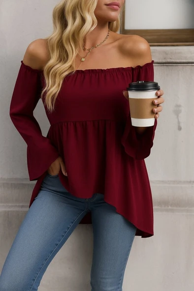 Lucky Life Kadın Uzun Kollu Madonna Yaka Asimetrik Detaylı Kolları Ispanyol Viskon Bluz - Resim 2