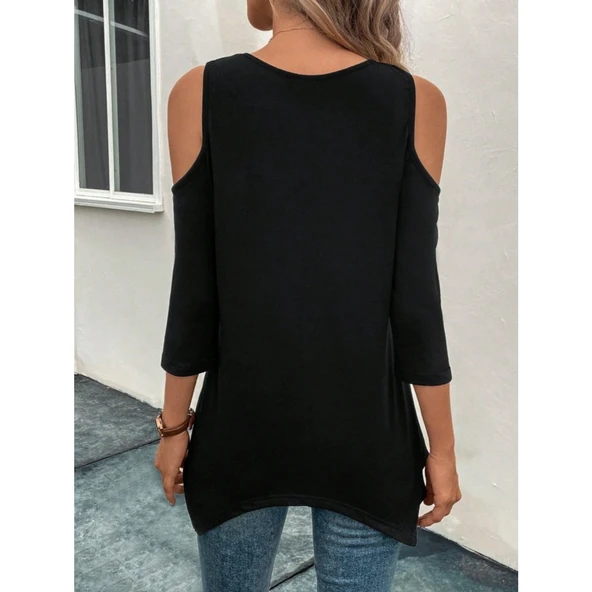 Lucky Life Kadın Omuzlardan Açık Sıfır Yaka Asimetrik Kesim Detay Viskon Bluz - 7